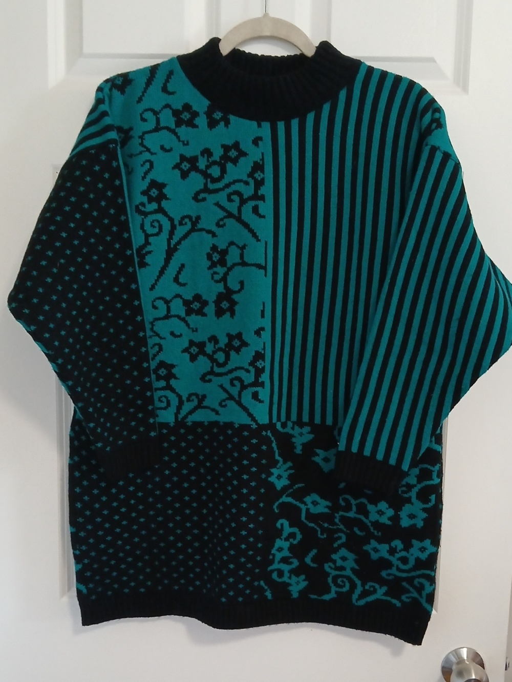 Vtg 80s Sweater Exchange Acrylic Teal Black Patchwork Pattern Knit Sweater XL